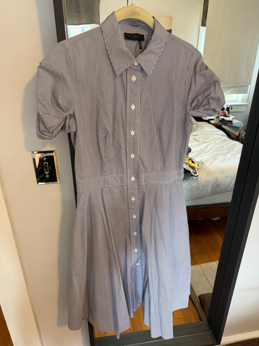 Donna Karan Blue and White Pinstripe Midi Shirt Dress (size 6)